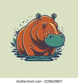 Illustration of hippo character logo mascot wild animal hippopotamus in  cartoon flat color vector style