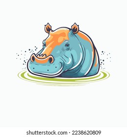 Illustration of hippo character logo mascot wild animal hippopotamus in  cartoon flat color vector style