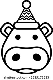 Illustration of a hippo wearing a Santa hat in line art style
