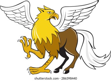 Illustration of a hippogriff or hippogryph, legendary creature with front quarters of an eagle and the hind quarters of a horse on isolated background done in cartoon style.