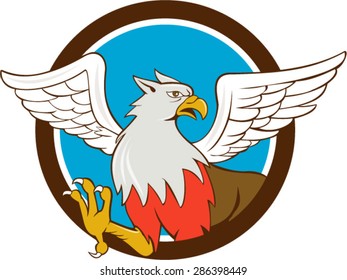 Illustration of a hippogriff or hippogryph, legendary creature with front quarters of an eagle and the hind quarters of a horse set inside circle shape done in cartoon style.