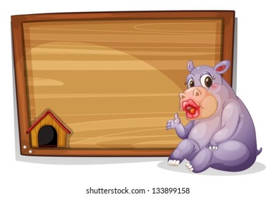 Illustration of a hippopotamus sitting beside a blank wooden board on a white background