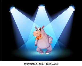 Illustration of a hippopotamus standing at the stage with spotlights