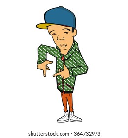 Illustration hipster, rapper wearing a cap, a jacket with a hood, sneakers. Vector illustration