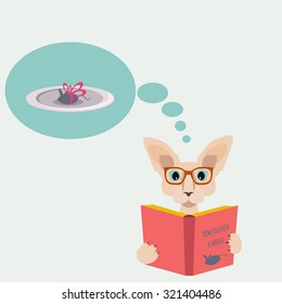 Illustration of hipster sphinx cat reading a book and dreaming about a mouse. Vector flat design.