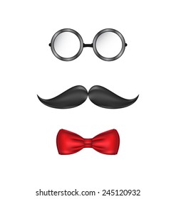 Illustration hipster symbolic of a man face, glasses, mustache and bow-tie, isolated on white background - vector