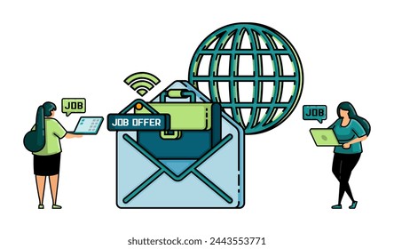 illustration of hiring with briefcase notification out of email for online jobs offer metaphor. two woman search for job vacancies from the internet.