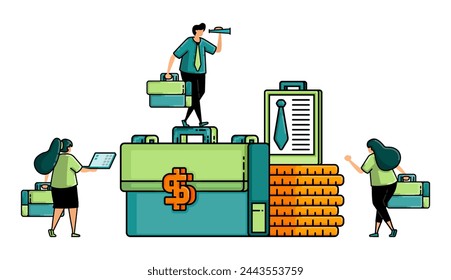 illustration of hiring with dollar sign on the middle of briefcase dan pile of coin. metaphor of job seekers looking for vacancies in financial services and banking