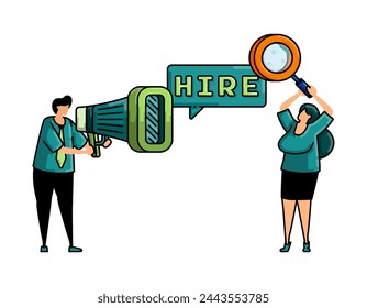 illustration of hiring with the words hire and megaphone to announce job vacancies that jobseeker apply to find better job position