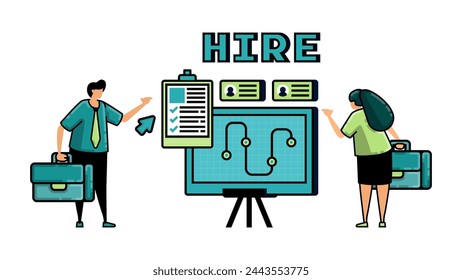 illustration of hiring with the words HIRE and prospective employees for position take part in company strategy performance meeting to be approved for work