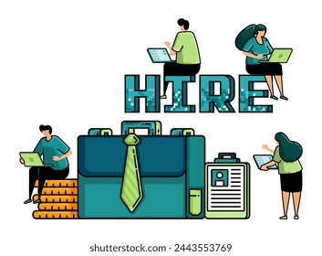 illustration of hiring with the words HIRE and a tie tied to a briefcase. metaphor of people looking for white collar worker job vacancies in the financial services or banking sector