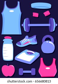 Illustration of His and Hers Exercise Clothes and Exercise Elements like Barbell, Scale, Water Bottle, Wrist Sweat Band and Head Band