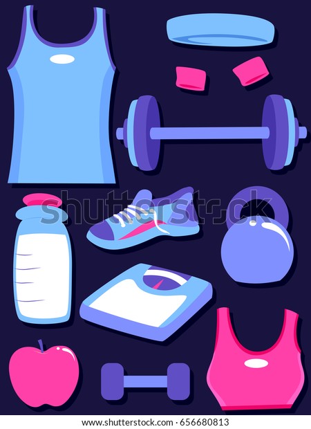 Illustration of His and Hers Exercise Clothes and\
Exercise Elements like Barbell, Scale, Water Bottle, Wrist Sweat\
Band and Head\
Band
