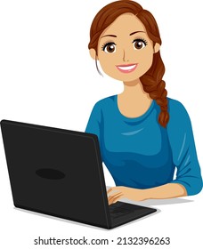 Illustration of Hispanic Teen Girl Student Using Laptop