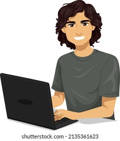 Illustration of Hispanic Teen Guy Student Using Laptop