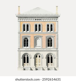 Illustration of a historic bank building. Bank facade with arched windows. Bank architecture with detailed stonework. Classic bank design with ornate features. Vintage art painting vector.