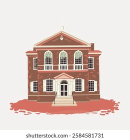 Illustration of a historic brick building with arched windows and a grand entrance. Classic architecture with a vintage feel. Historic and classic design. Vintage art illustration, vector.