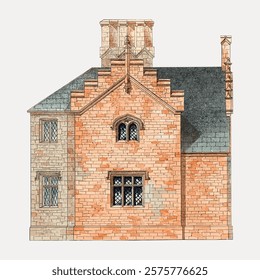 Illustration of a historic brick house with gabled roof, ornate windows, and chimneys. Brick house with detailed architecture and classic design elements. Isolated vintage vector element.