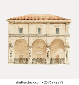 Illustration of a historic building with arches, columns, and a red-tiled roof. The building features detailed stonework and classic architectural elements. Vintage illustration isolated, vector.