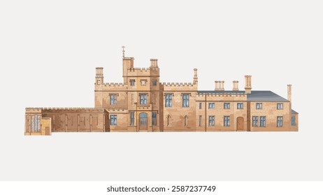 Illustration of a historic castle with towers and chimneys. The castle's architecture features detailed stonework and a classic design, showcasing a historic charm. Vintage art illustration, vector.