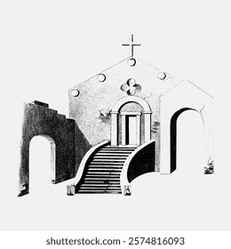 Illustration of a historic church with arches and stairs. The church features a cross and ornate details. Historic church with arches and stairs. Vintage illustration isolated on white, vector.