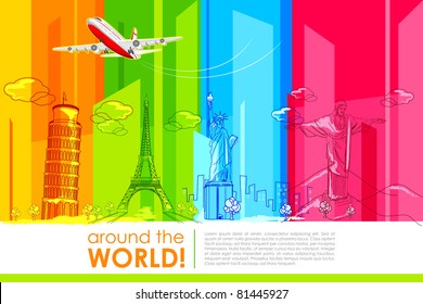 illustration of historic monument with airplane for around the world travel