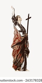 Illustration of a historical figure holding a cross, wearing a robe, with an arm raised. The figure appears to be male, depicted in a classic artistic style. Vintage character art illustration vector.
