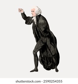 Illustration of a historical figure in a long coat, white wig, and formal attire, gesturing with a raised fist. Classic pose, vintage style, historical attire. Vintage art painting vector.