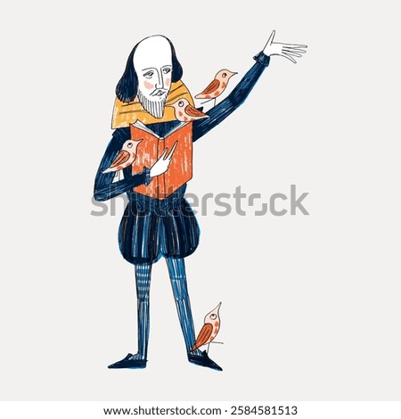 Illustration of a historical figure with a ruffled collar, holding a book, surrounded by birds. The figure is dressed in period clothing, gesturing dramatically. Vintage art illustration, vector.