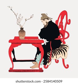 Illustration of a historical figure, seated at a red table with a vase. The figure has a beard and wears a headdress, conveying a classic, artistic style. Vintage Japanese illustration vector.
