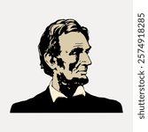 Illustration of a historical figure in a suit, looking to the side. The image is in a monochrome style, emphasizing the figure's profile and attire. Vintage art drawing, isolated vector element.