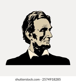 Illustration of a historical figure in a suit, looking to the side. The image is in a monochrome style, emphasizing the figure's profile and attire. Vintage art drawing, isolated vector element.