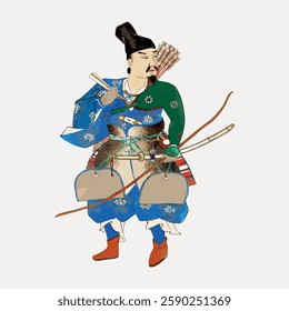 Illustration of a historical Japanese warrior in traditional attire, holding a bow and arrows, wearing a blue and green robe with intricate patterns. Vintage illustration isolated on white, vector.