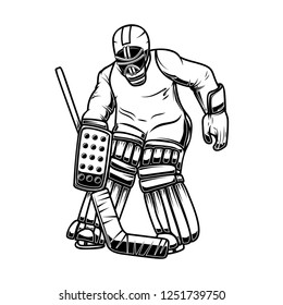 Illustration of hockey goalkeeper. Design element for logo, label, emblem, sign, poster, banner. card, t shirt. Vector image