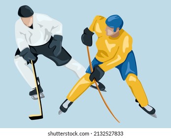 Illustration.Zwei Hockeyspieler in einem Kampf für den Puck. Ein Spieler in einem weißen T-Shirt, der andere in einem gelben Hockey-Jersey. Illustration in Bewegung. Winterspiele