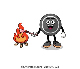 Illustration of hockey puck burning a marshmallow , character design