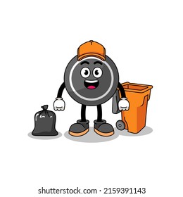 Illustration of hockey puck cartoon as a garbage collector , character design