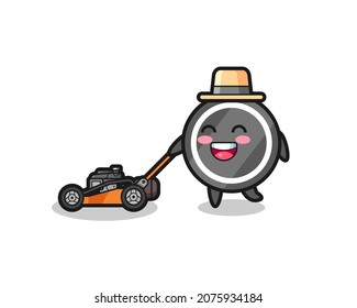 illustration of the hockey puck character using lawn mower , cute style design for t shirt, sticker, logo element