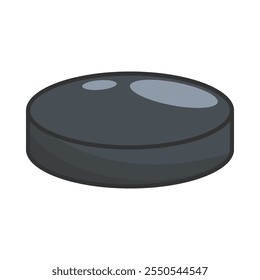 Illustration eines Hockeyschlägers, einer Kreisscheibe, die im Eishockeysport verwendet wird. Der Puck ist schwarz-weiß, mit einer runden Form.