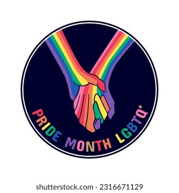Illustration of holding hands with the theme of pride month. Design with rainbow colors. LGBTQ symbol