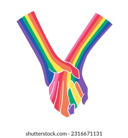 Illustration of holding hands with the theme of pride month. Design with rainbow colors. LGBTQ symbol