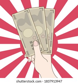 Illustration holding a Japanese banknote in hand