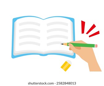 Illustration of holding a pencil in one's hand.　Stationery icons.