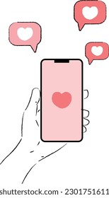 Illustration holding a smartphone in hand and watching the reaction