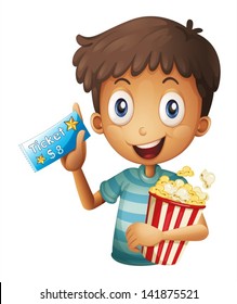 Illustration of a holding a ticket and a popcorn on a white background