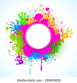 illustration of holi background with hand print and colorful grunge