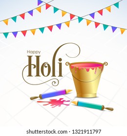 Illustration of Holi Festival with beautiful pichkari,bucket and colorful intricate calligraphy vector.