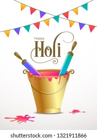 Illustration of Holi Festival with beautiful pichkari,bucket and colorful intricate calligraphy vector.