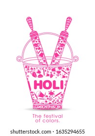 Illustration of Holi Festival with beautiful pichkari,bucket and colorful intricate calligraphy vector.