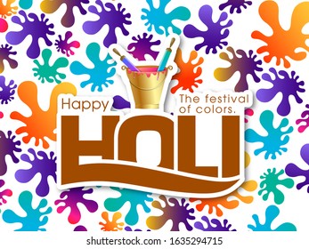 Illustration of Holi Festival with beautiful pichkari,bucket and colorful intricate calligraphy vector.